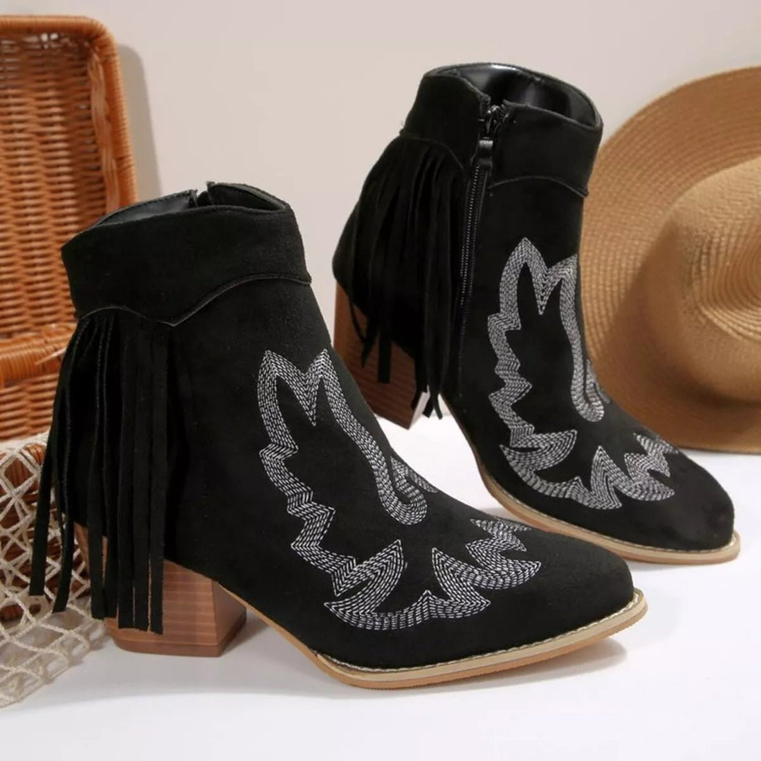 Fringe Point Toe Block Heels Boots - CELIVINE