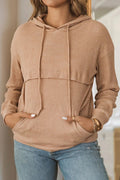 Waffle - Knit Drawstring Kangaroo Pocket Hoodie - CELIVINE