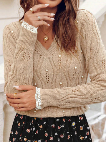 Pearl Beaded Pointelle Knit V Neck Lace Patchwork Sleeve Sweater - CELIVINE