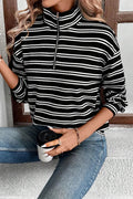 Striped Half Zip Long Sleeve Top - CELIVINE