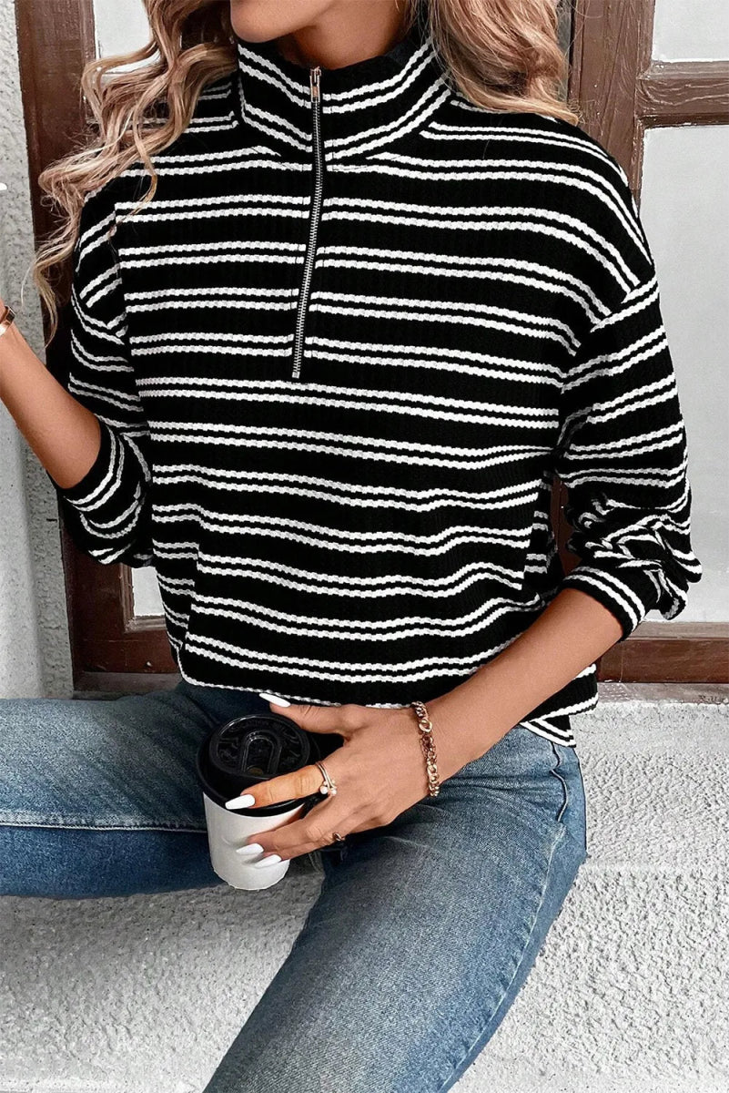 Striped Half Zip Long Sleeve Top - CELIVINE