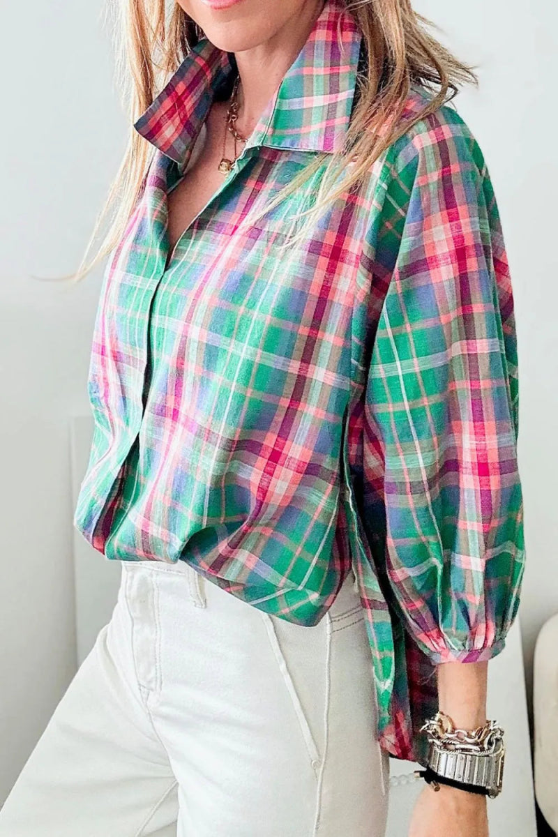 Plaid Collared Neck Three - Quarter Sleeve Shirt - CELIVINE