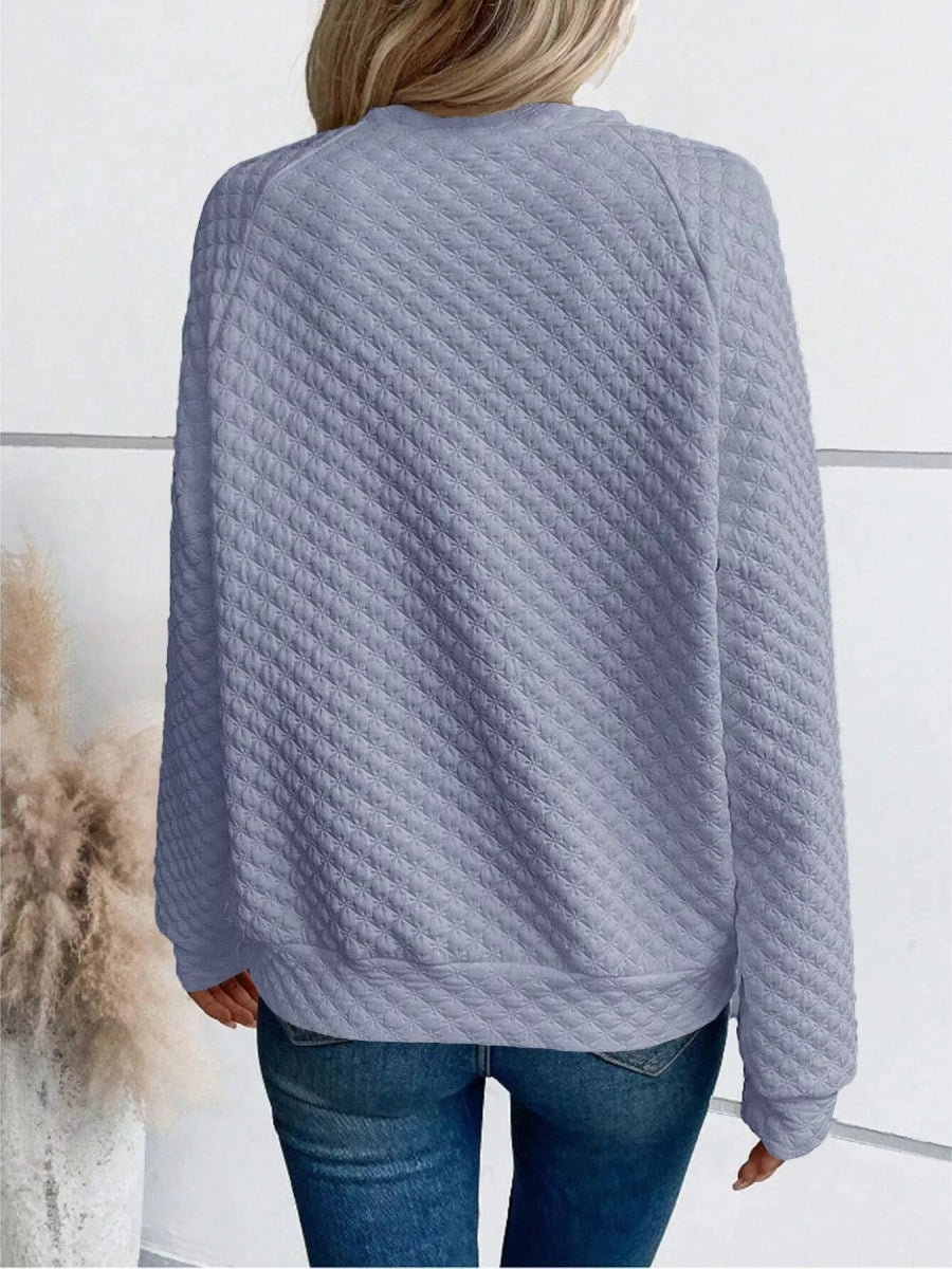 Quilted Texture Long Sleeve Sweatshirt with Notched Neck - CELIVINE