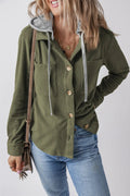 Drawstring Button Up Long Sleeve Hooded Jacket - CELIVINE