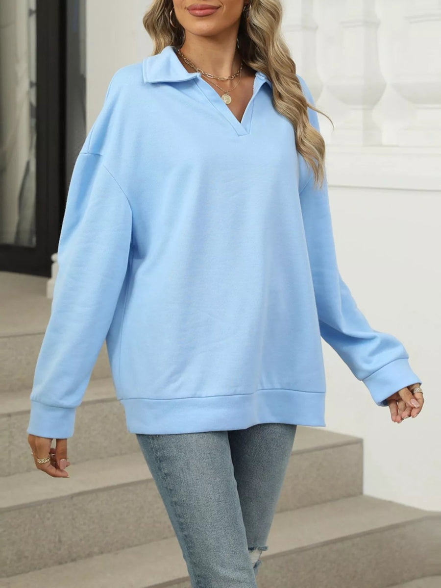 Johnny Collar Drop Shoulder Long Sleeve Sweatshirt - CELIVINE