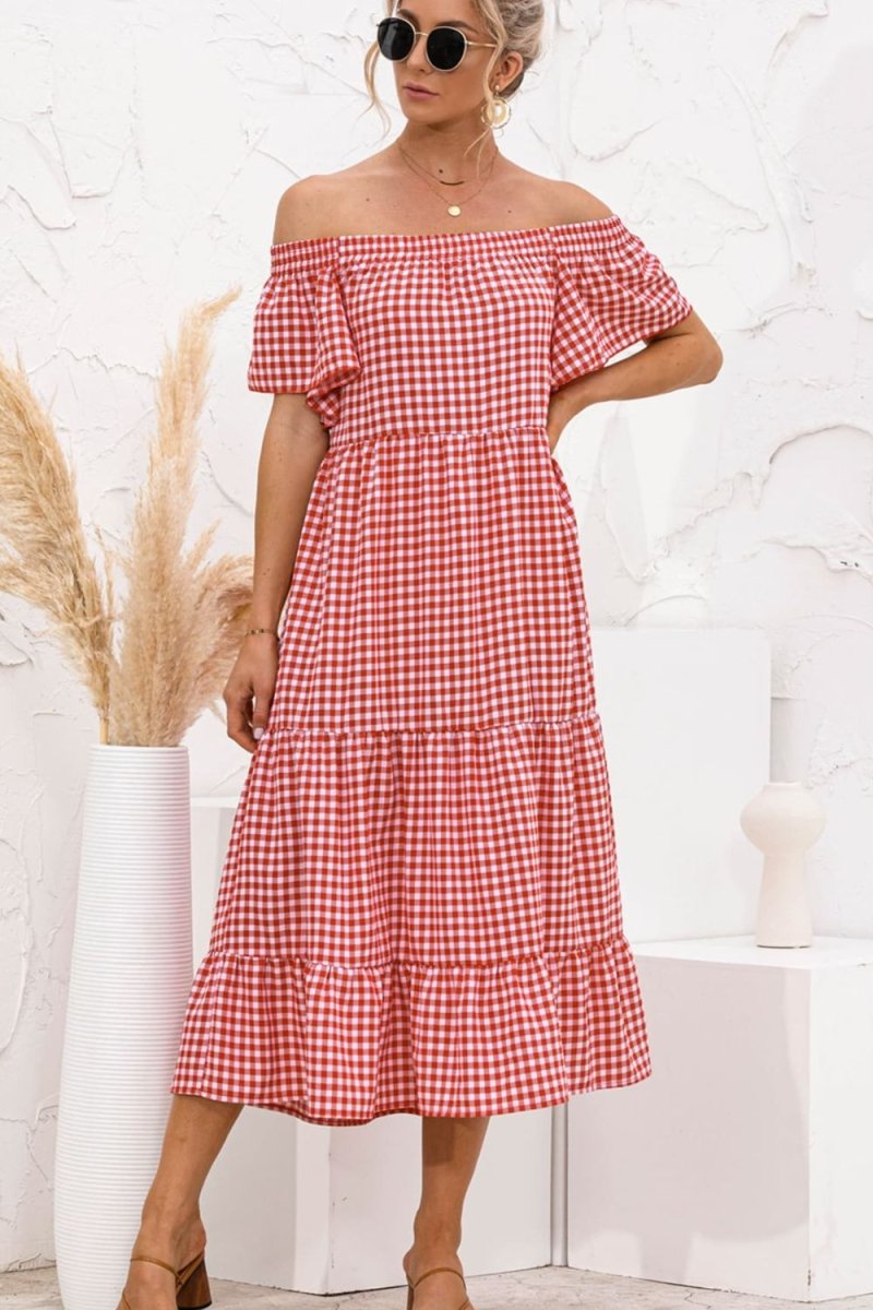 Plaid Off - Shoulder Tiered Midi Dress - CELIVINE