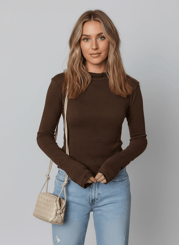 Lettuce Trim Raw Seam Patchwork Jacquard Long Sleeve Top - CELIVINE