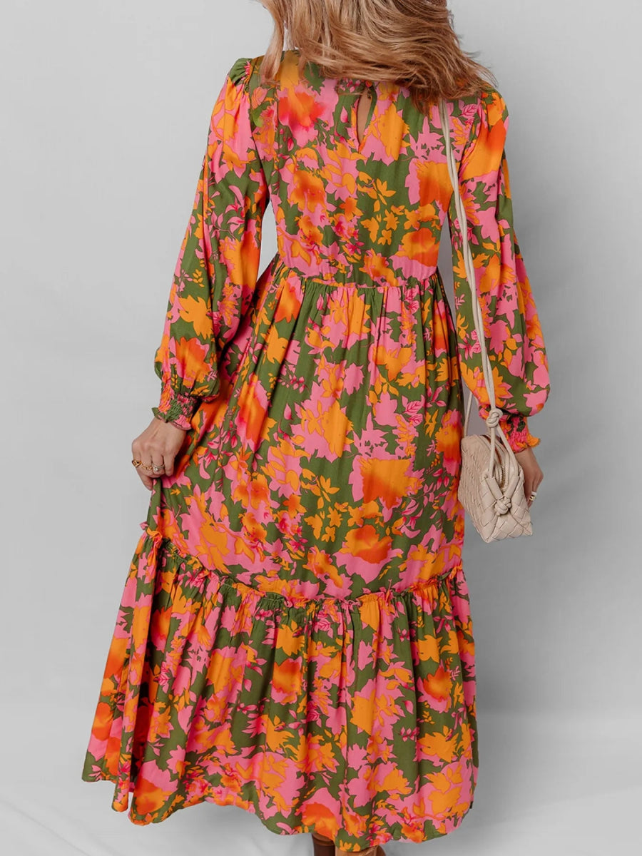 Smocked Floral Print Long Sleeve Maxi Dress - CELIVINE
