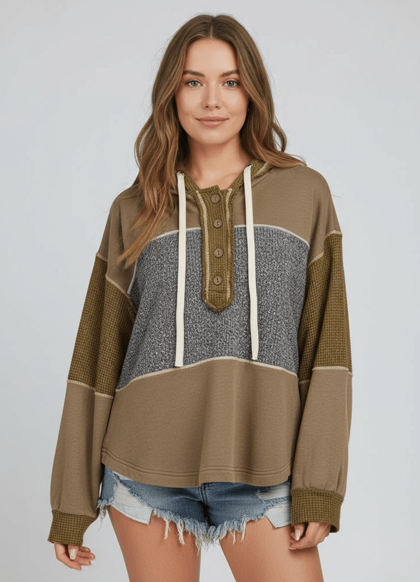 Mixed Texture Patchwork Exposed Seam Half Button Hoodie - CELIVINE