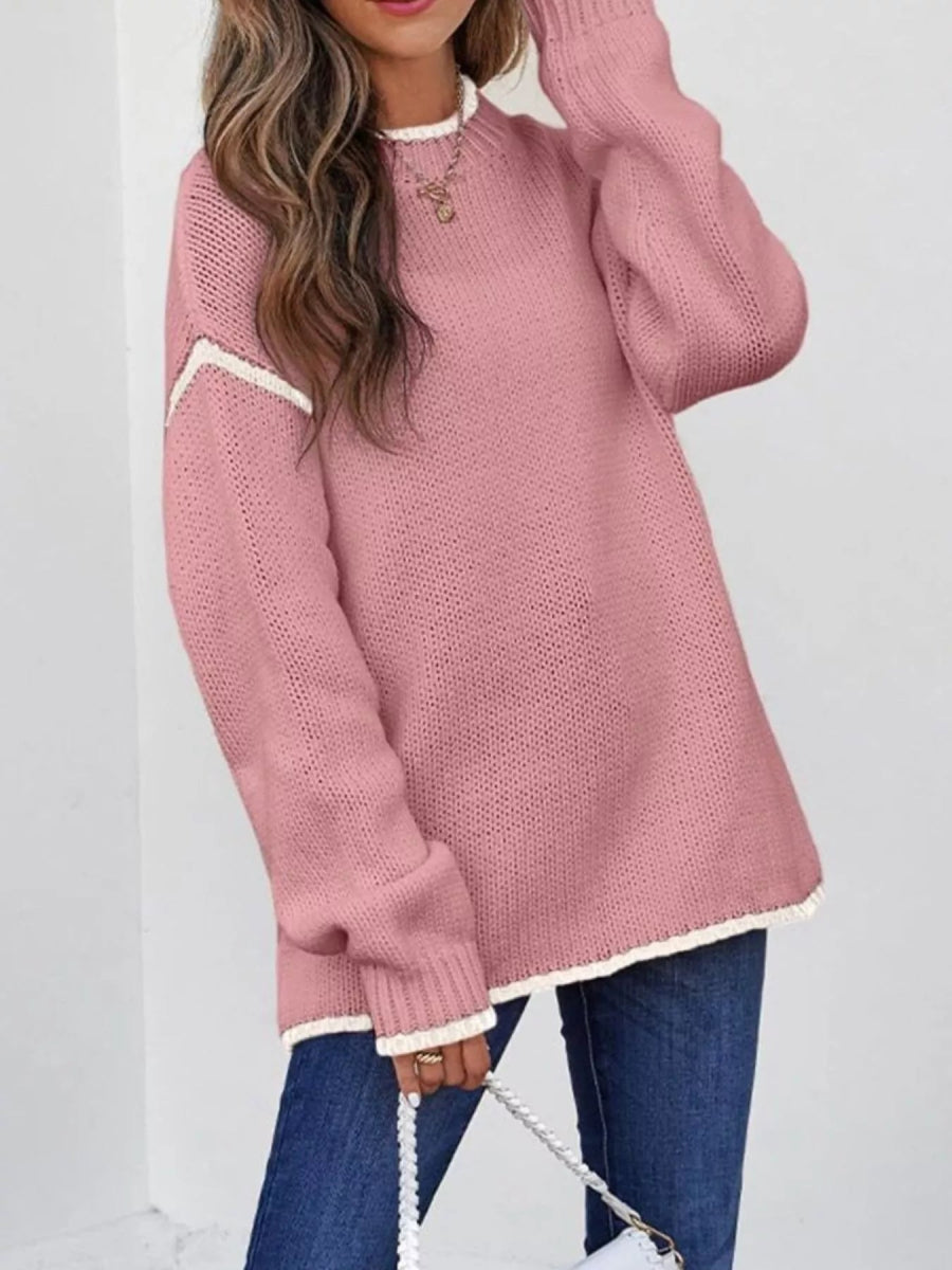 Contrast Trim Long Sleeve Sweater - CELIVINE