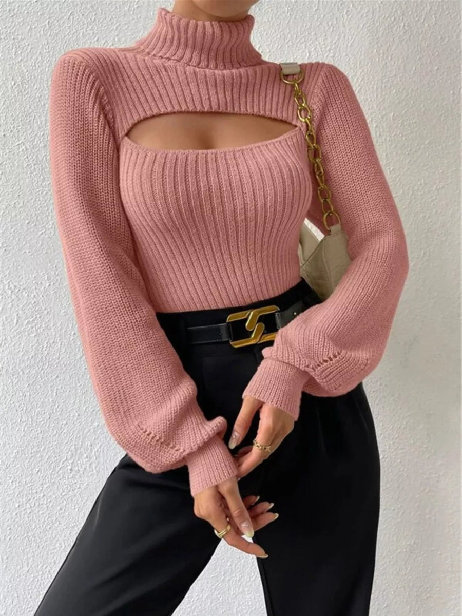 Cutout Front Turtleneck Long Sleeve Sweater - CELIVINE