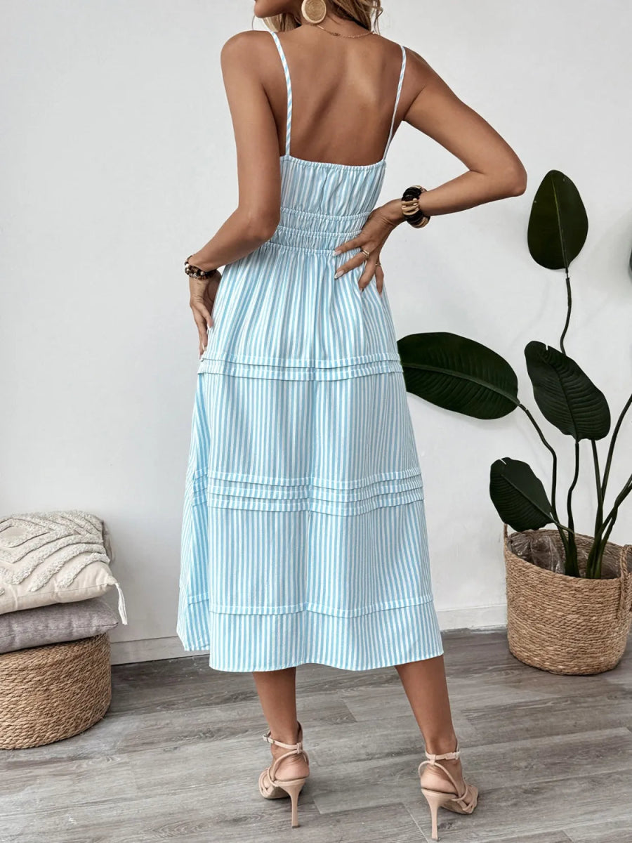 Striped Spaghetti Strap Midi Dress - CELIVINE
