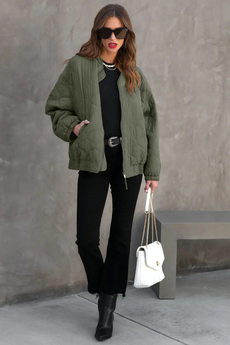 Zip Up Drop Shoulder Long Sleeve Puffer Jacket - CELIVINE