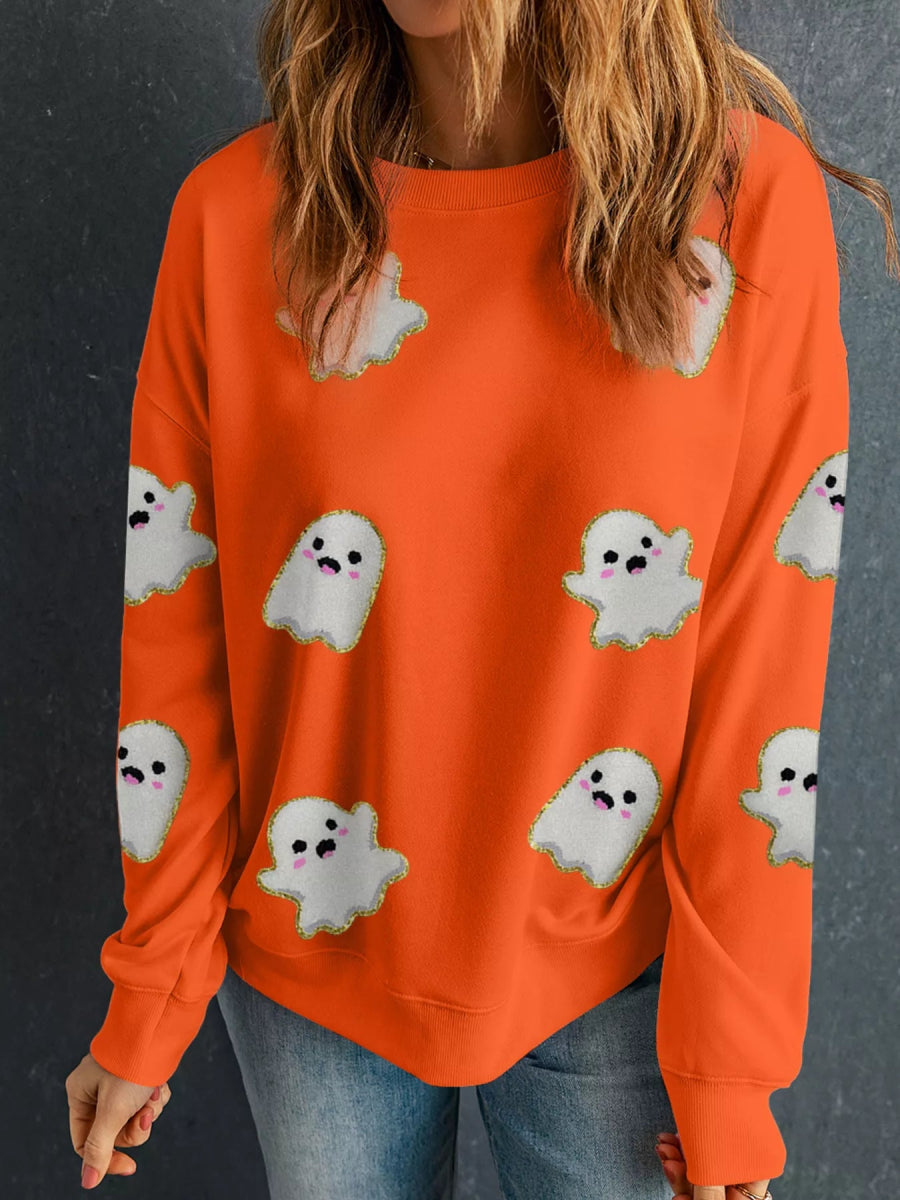 Halloween Ghost Patched Pattern Holiday Sweatshirt - CELIVINE