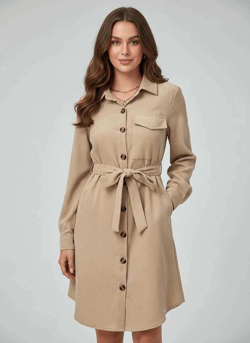 Button - Front Tie Waist Shirt Dress - CELIVINE