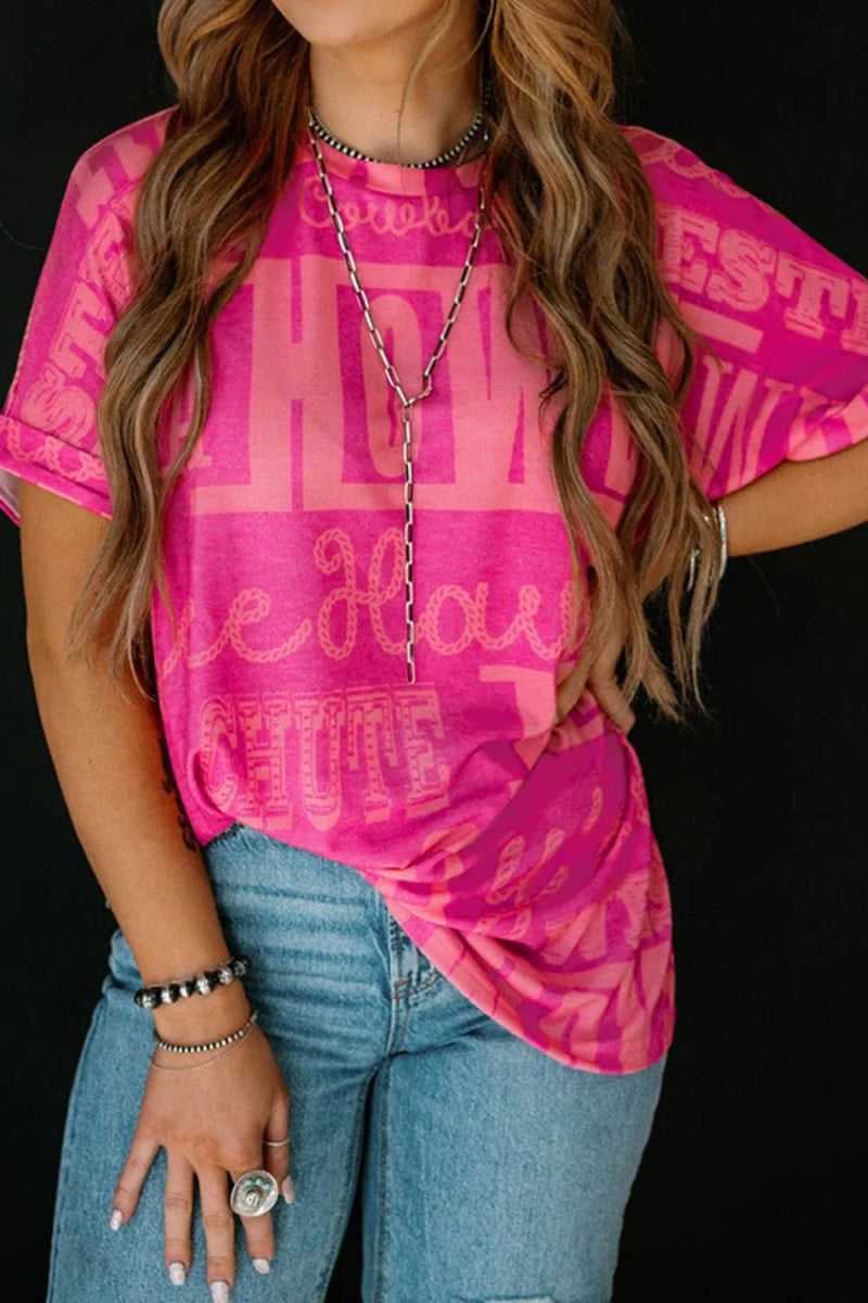 Letter Printed Round Neck Short Sleeve T-Shirt - CELIVINE