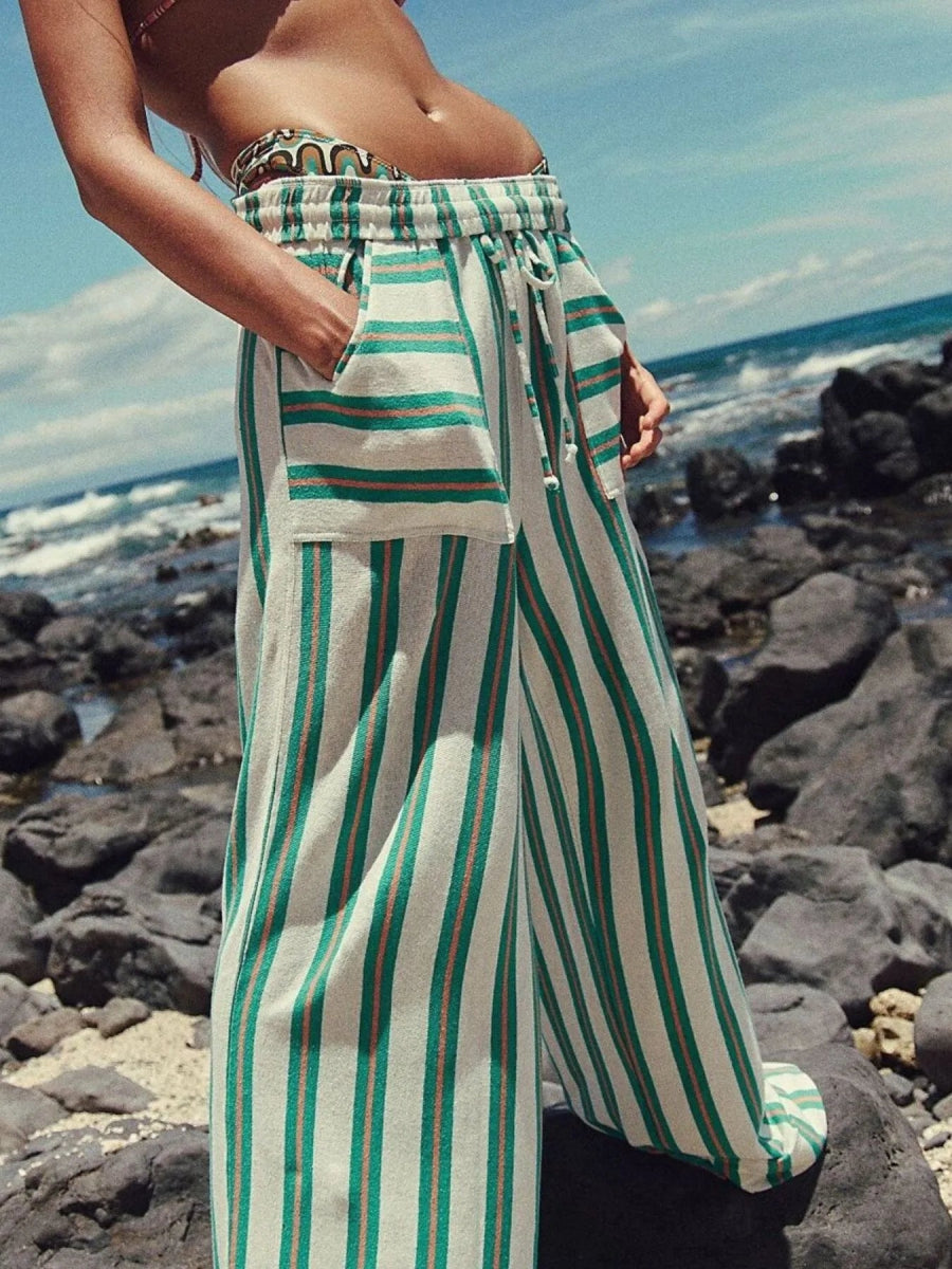 Striped Wide - Leg Drawstring Pants - CELIVINE