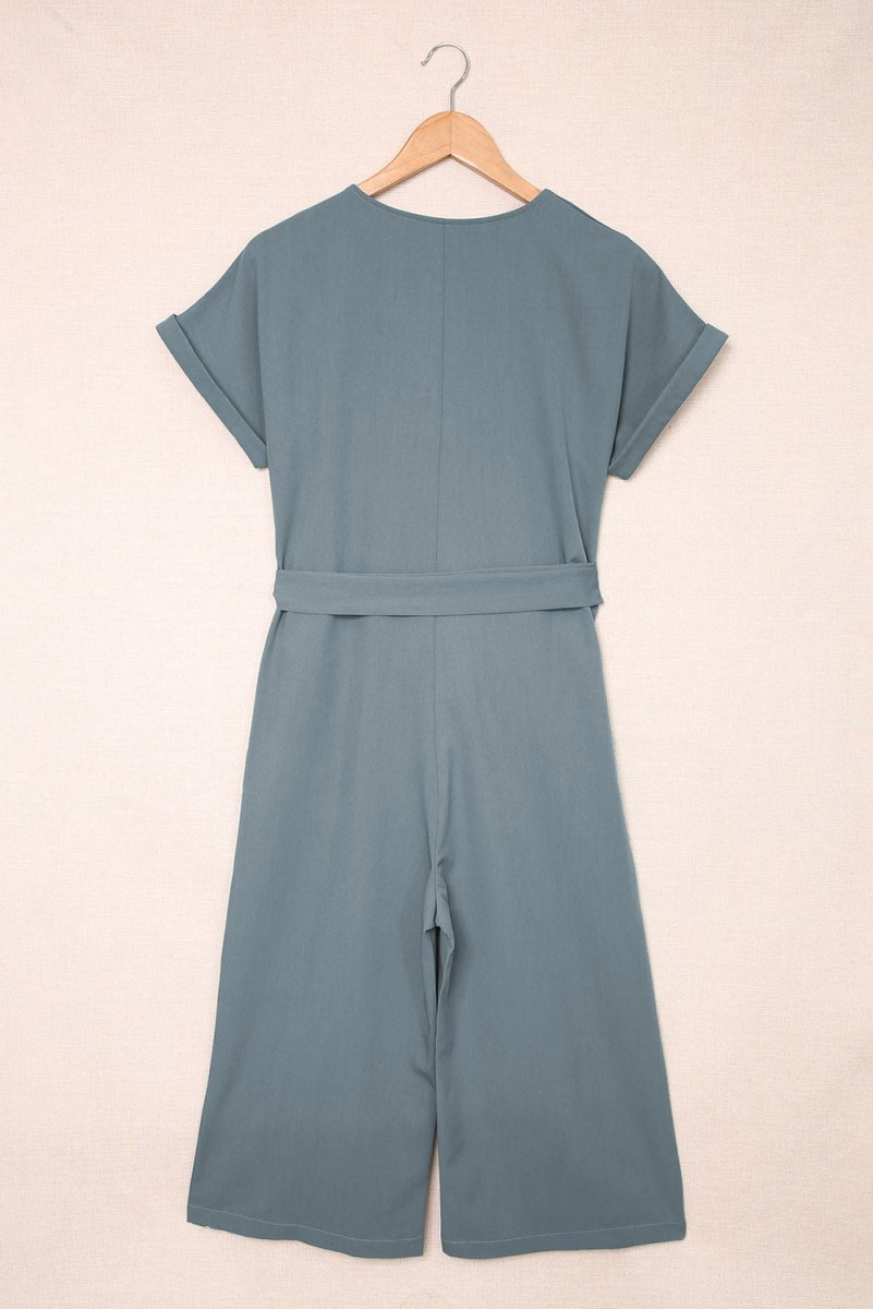 Tie - Waist Buttoned Cropped Jumpsuit - CELIVINE