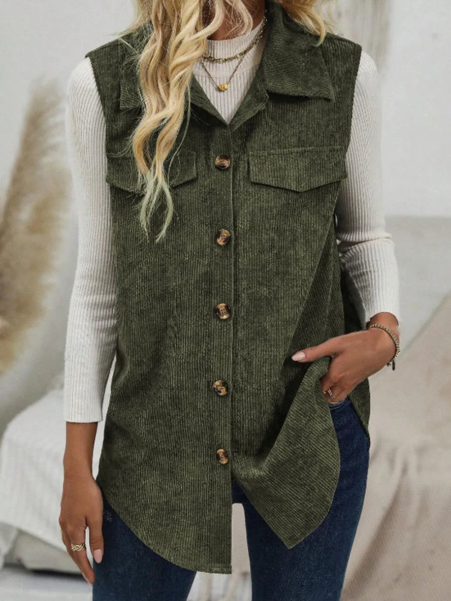 Button Up Collared Neck Vest Coat - CELIVINE