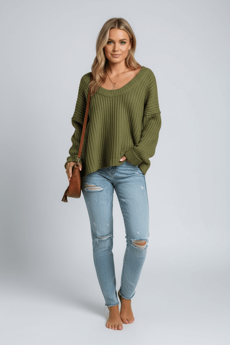 Ribbed Round Neck Dropped Shoulder Sweater - CELIVINE