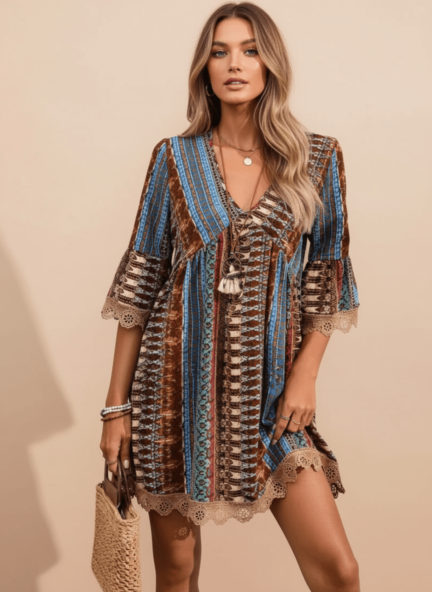 Lace Trim Printed V - Neck 3/4 Sleeve Dress - CELIVINE