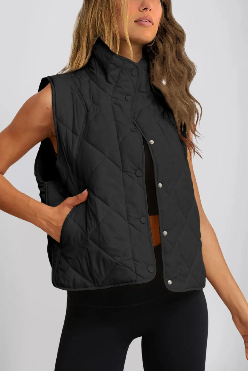 Snap Down Texture Vest Coat with Pockets - CELIVINE