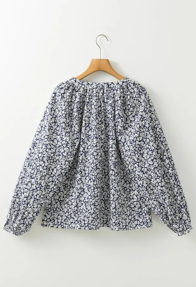 Floral Print Notched Long Sleeve Blouse - CELIVINE