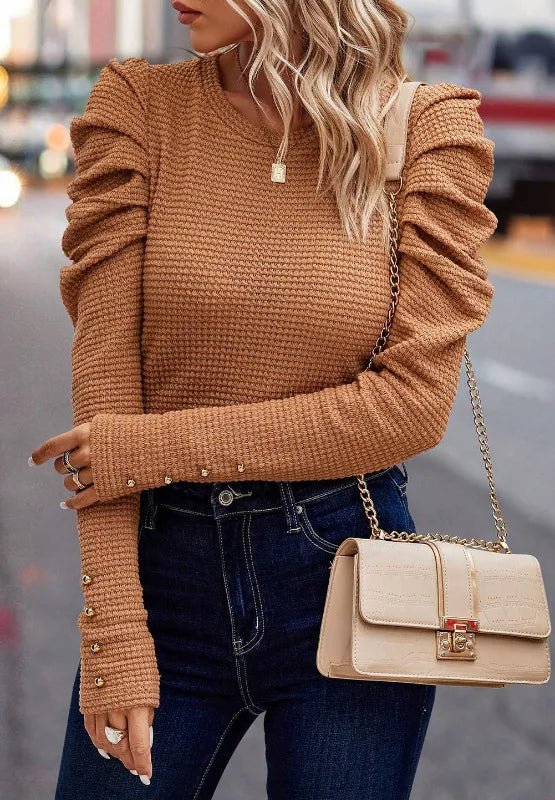 Decorative Button Round Neck Puff Sleeve Blouse - CELIVINE