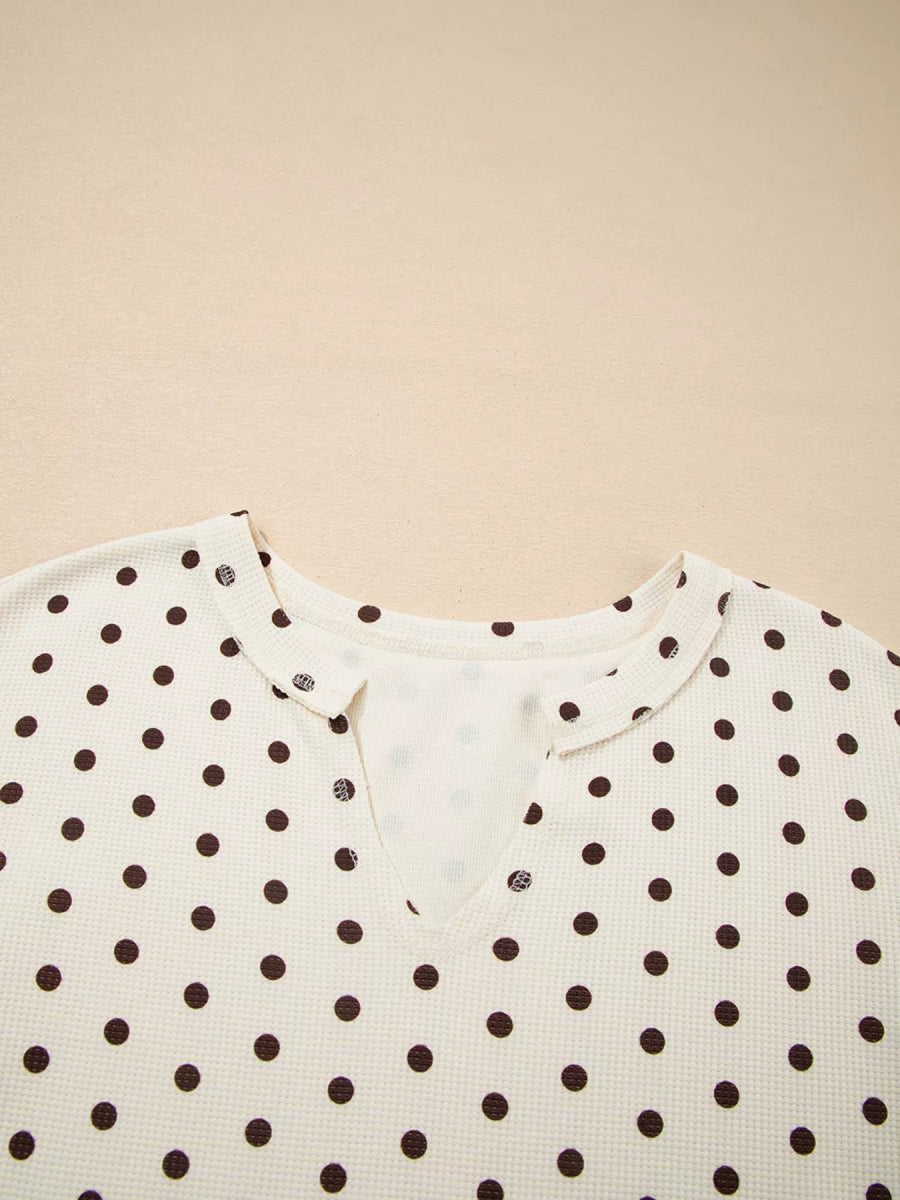 Polka Dot Notched Long Sleeve Top and Drawstring Joggers Lounge Set - CELIVINE