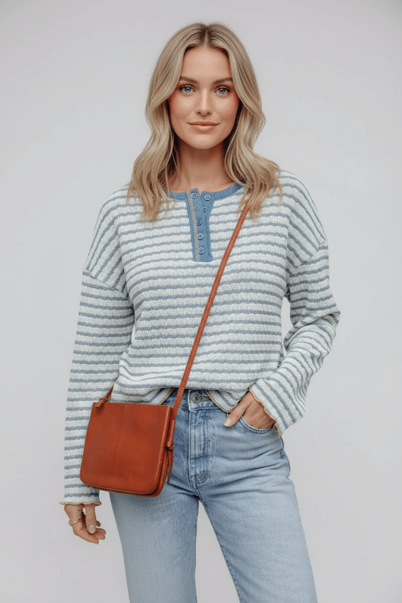 Striped Round Neck Dropped Shoulder Long Sleeve Top - CELIVINE