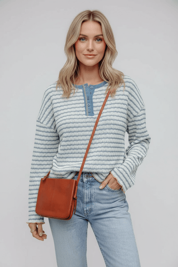 Striped Round Neck Dropped Shoulder Long Sleeve Top - CELIVINE