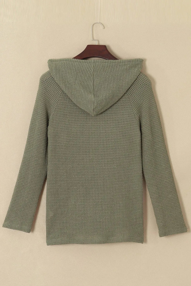 Waffle - Knit Button Up Drawstring Hoodie - CELIVINE