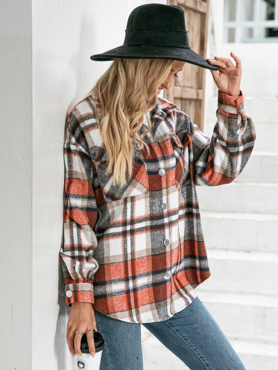 Ivy Lane Meet You Outside Plaid Button Down Curved Hem Shacket - CELIVINE