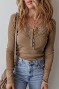Eyelet V - Neck Long Sleeve Top - CELIVINE