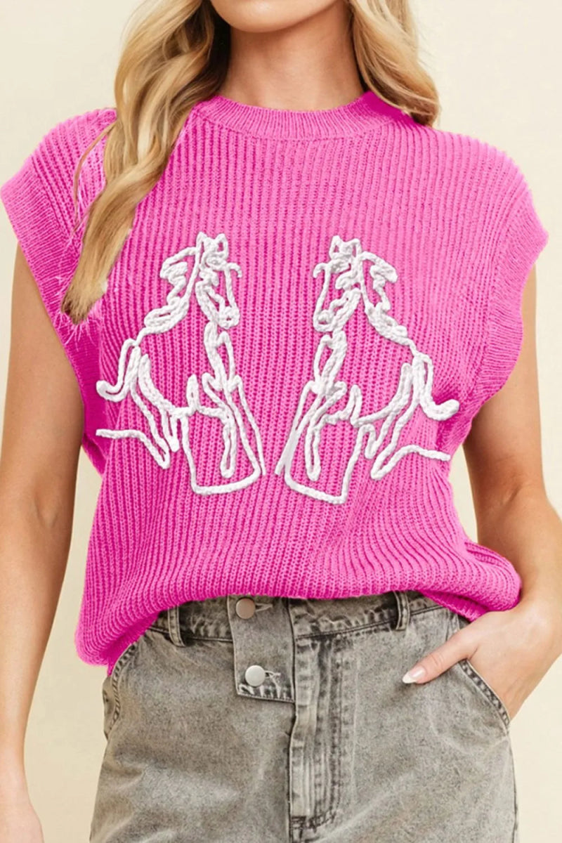 Western Horse Embroidered Round Neck Sweater - CELIVINE