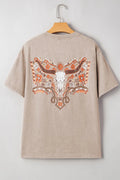 Mineral Wash Floral Steer Head Printed Back Western Fashion Tee - CELIVINE