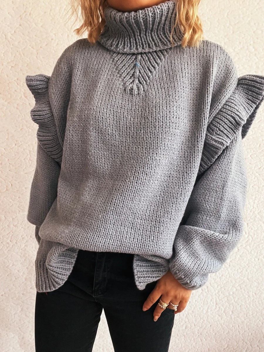 Ruffled Turtleneck Long Sleeve Sweater - CELIVINE