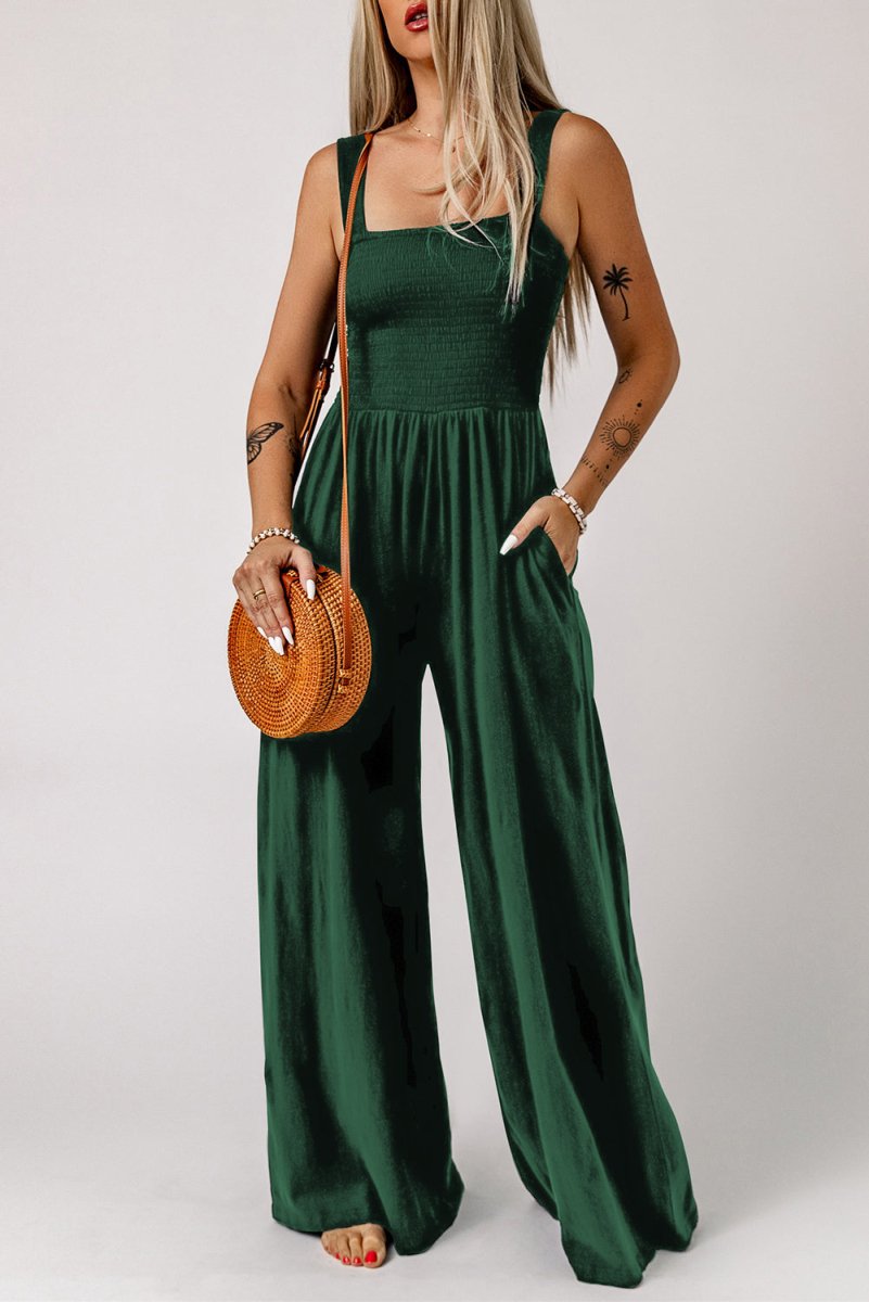 Smocked Square Neck Wide Leg Jumpsuit with Pockets - CELIVINE