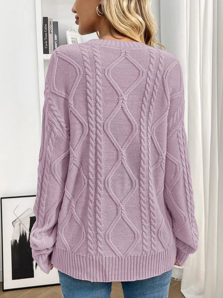 Cable Knit Round Neck Long Sleeve Sweater - CELIVINE