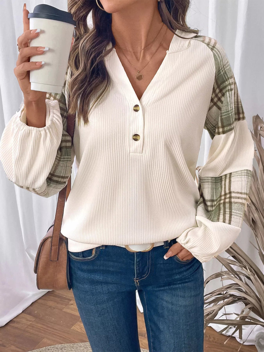 Plaid V - Neck Button Front Sweatshirt - CELIVINE