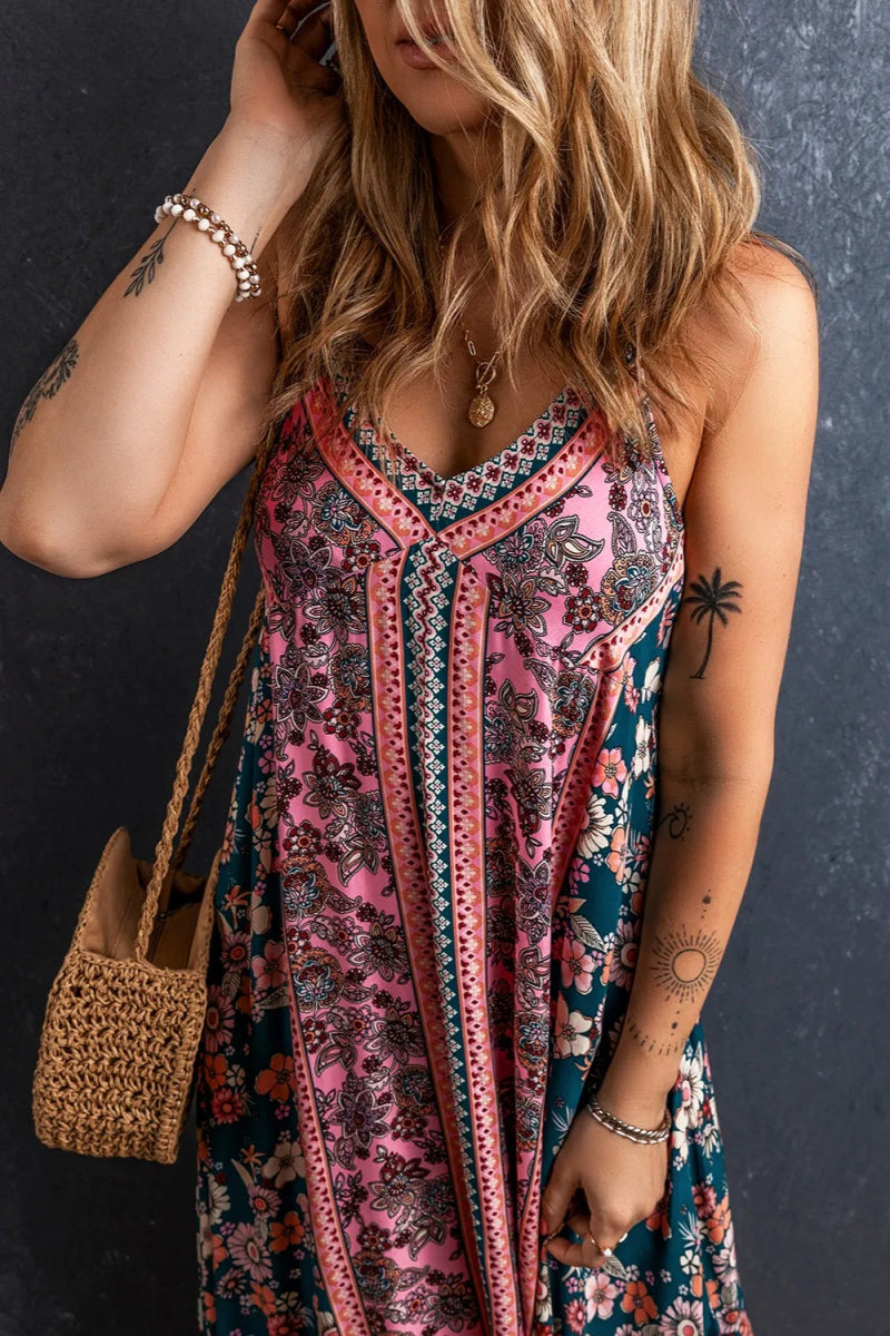 Printed V - Neck Midi Cami Dress - CELIVINE