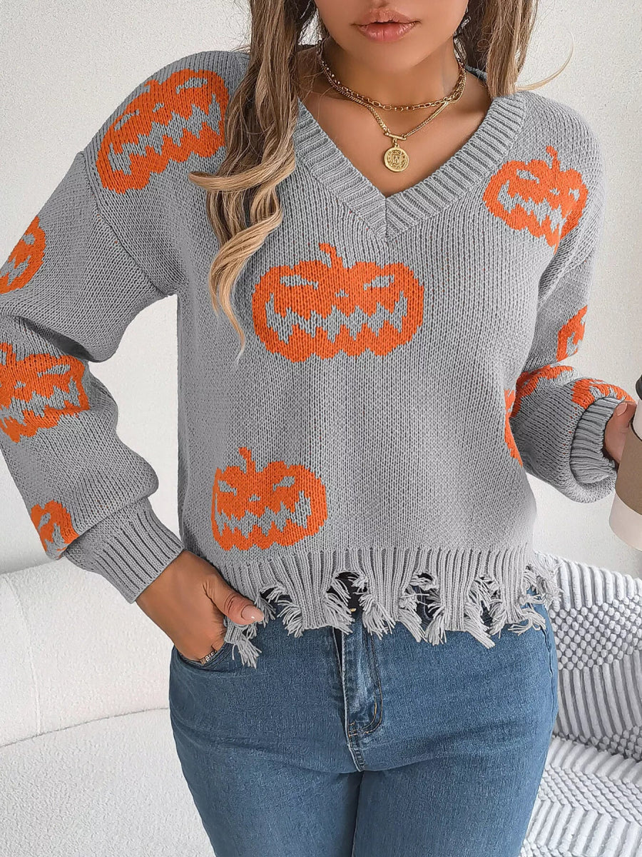 Halloween Pumpkin Pattern Raw Hem V - Neck Sweater - CELIVINE