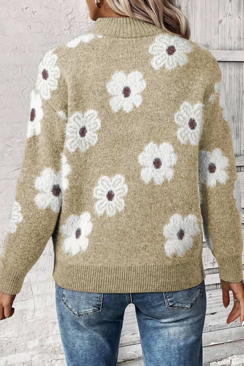 Flower Half Zip Long Sleeve Sweater - CELIVINE