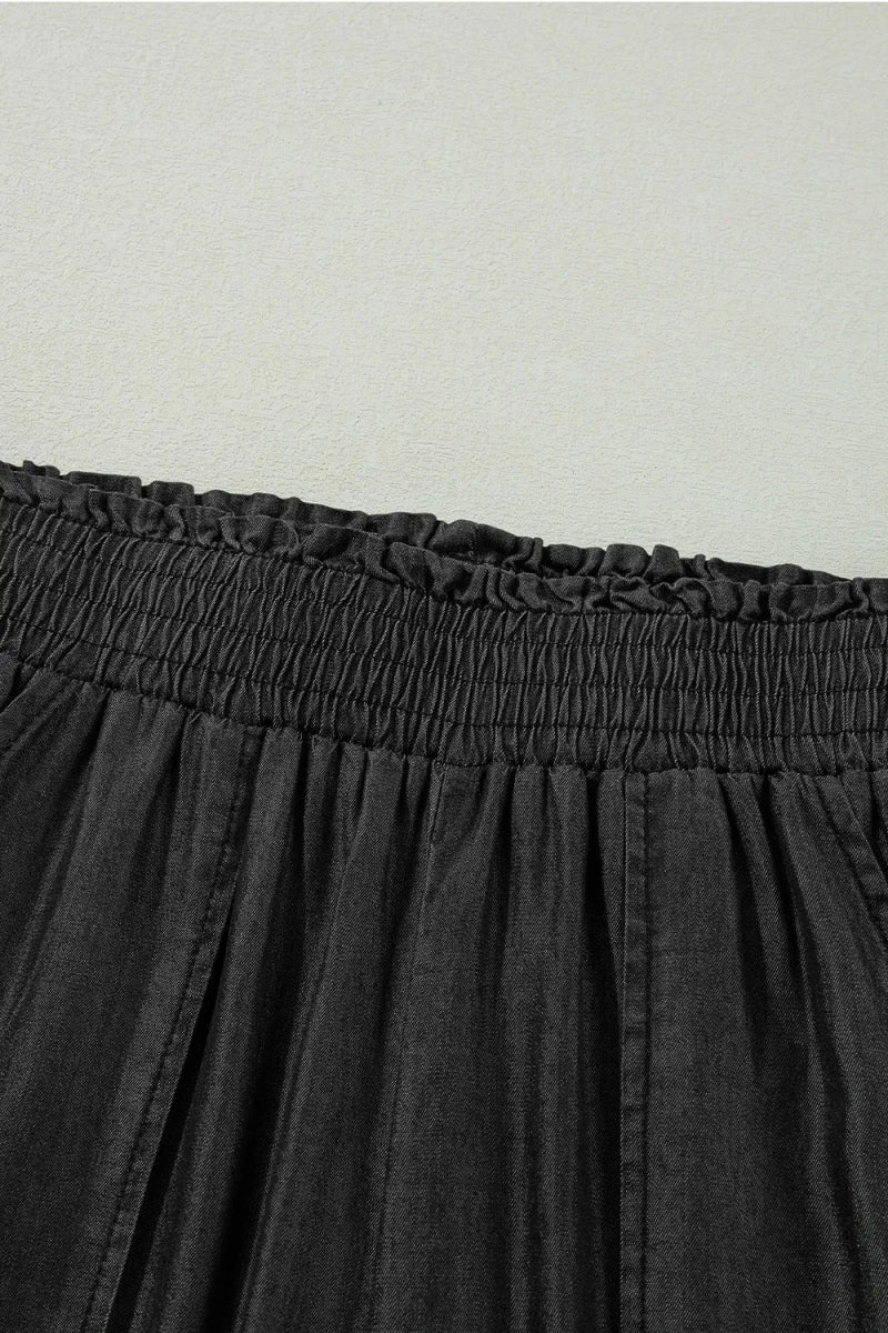 Side Pockets Frilled Smocked High Waist Wide Leg Pants - CELIVINE