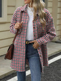 Houndstooth Button Up Long Sleeve Coat - CELIVINE