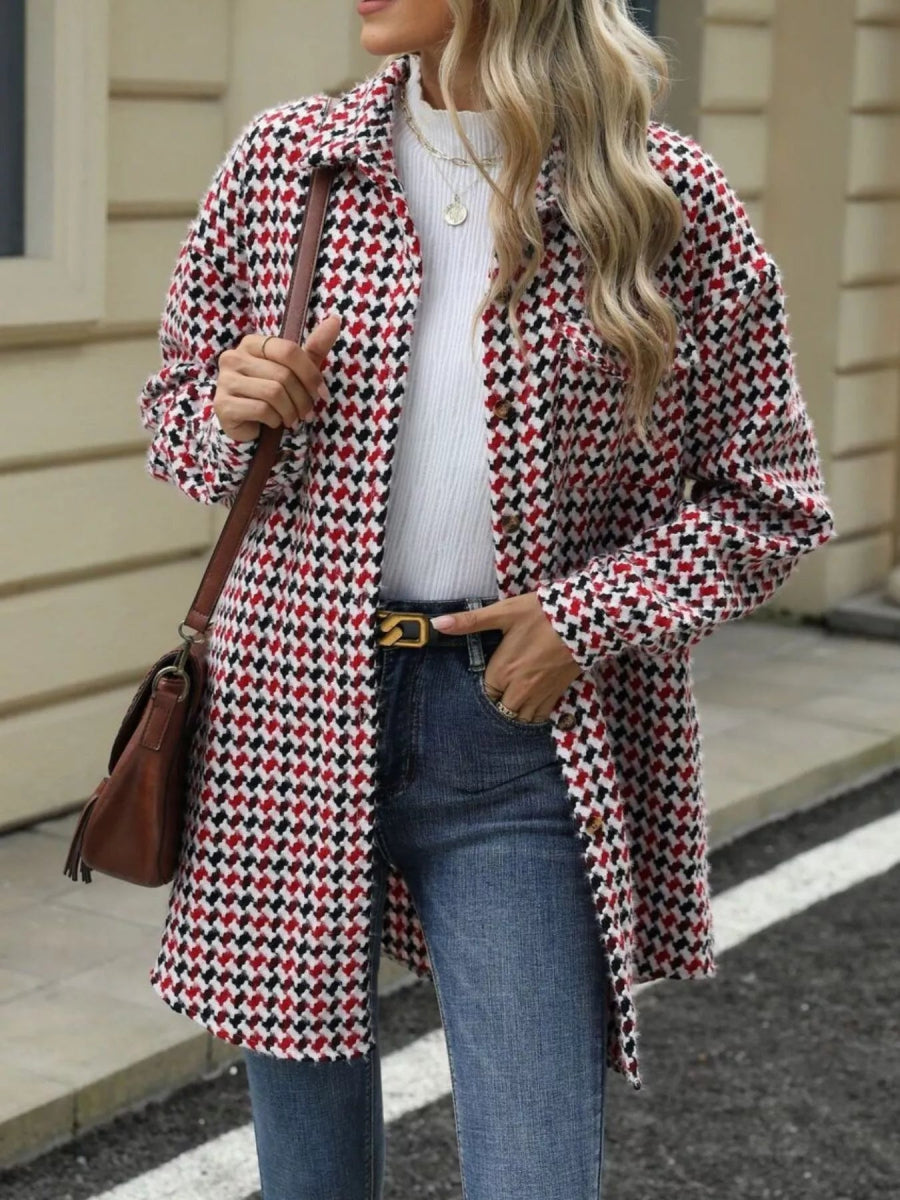 Houndstooth Button Up Long Sleeve Coat - CELIVINE