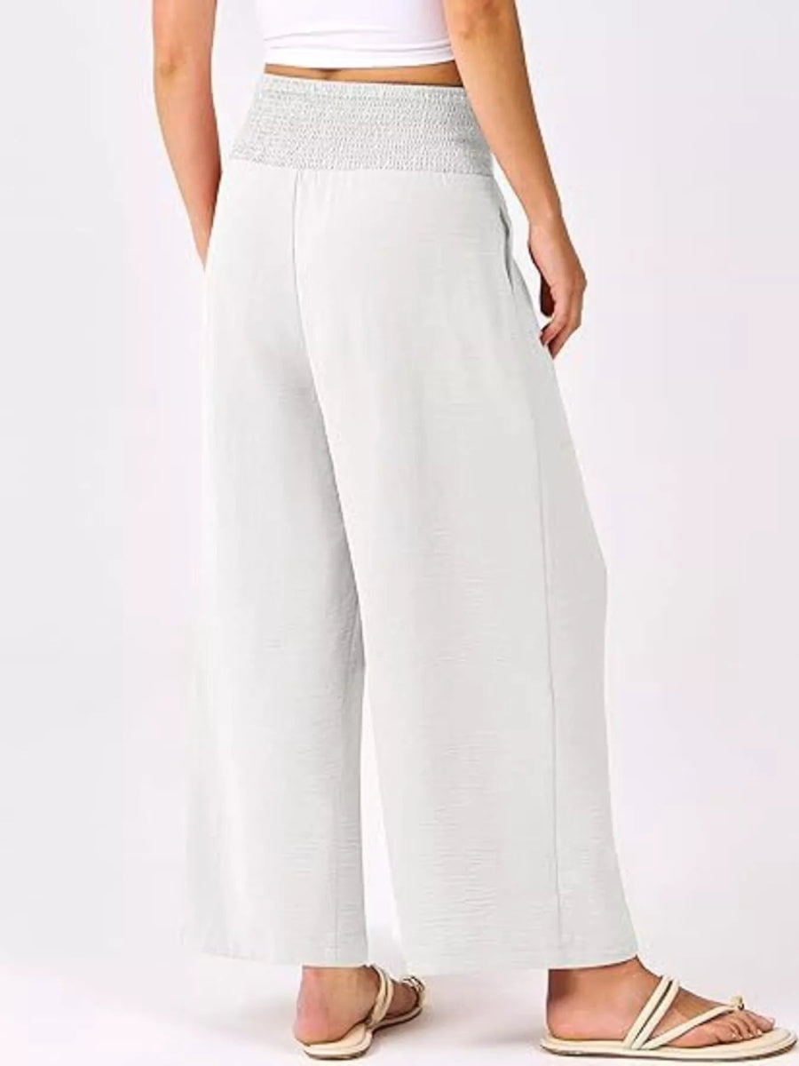 Wide Leg Smocked High Waist Pants - CELIVINE