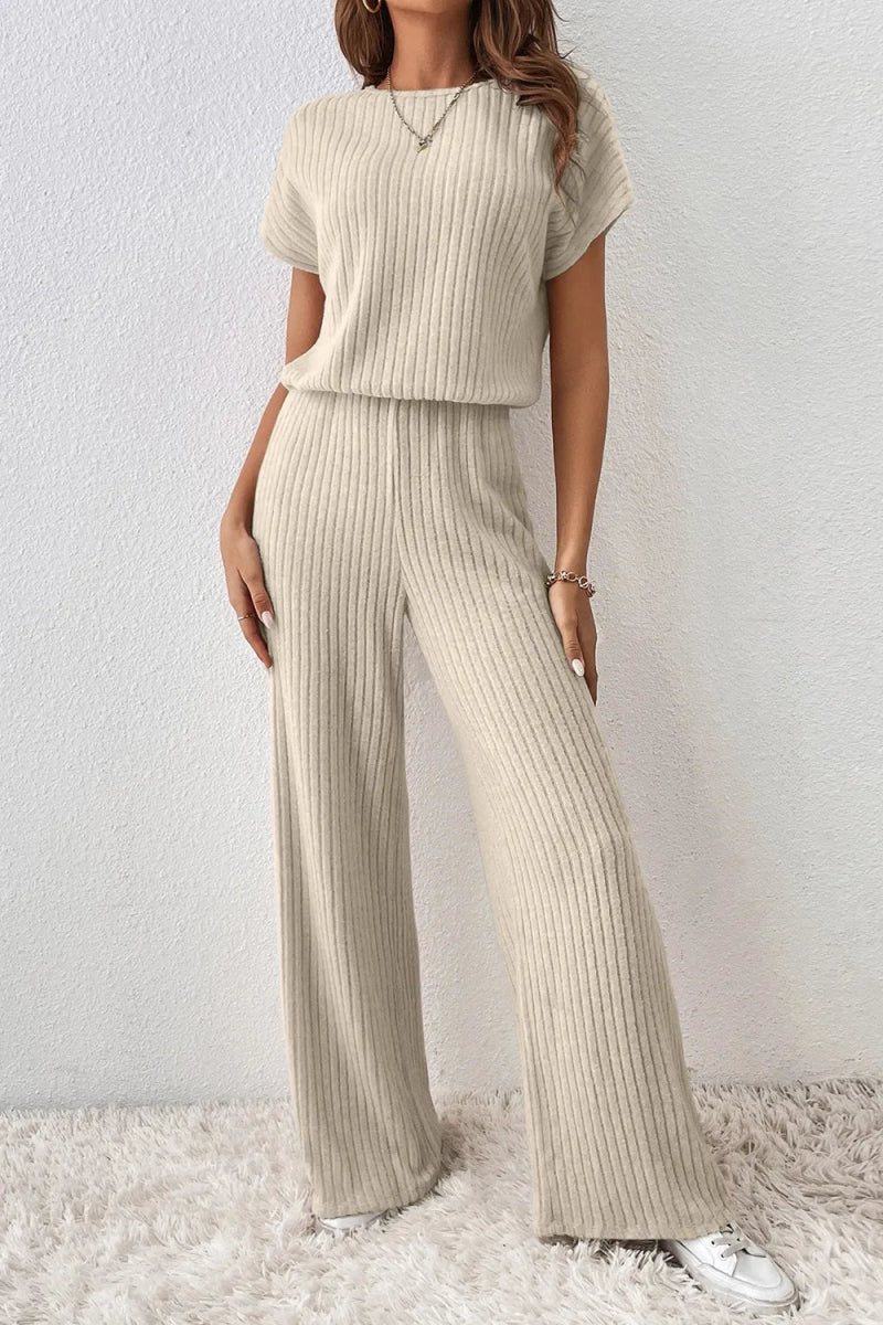 Ribbed Knit Wide Leg Jumpsuit - CELIVINE