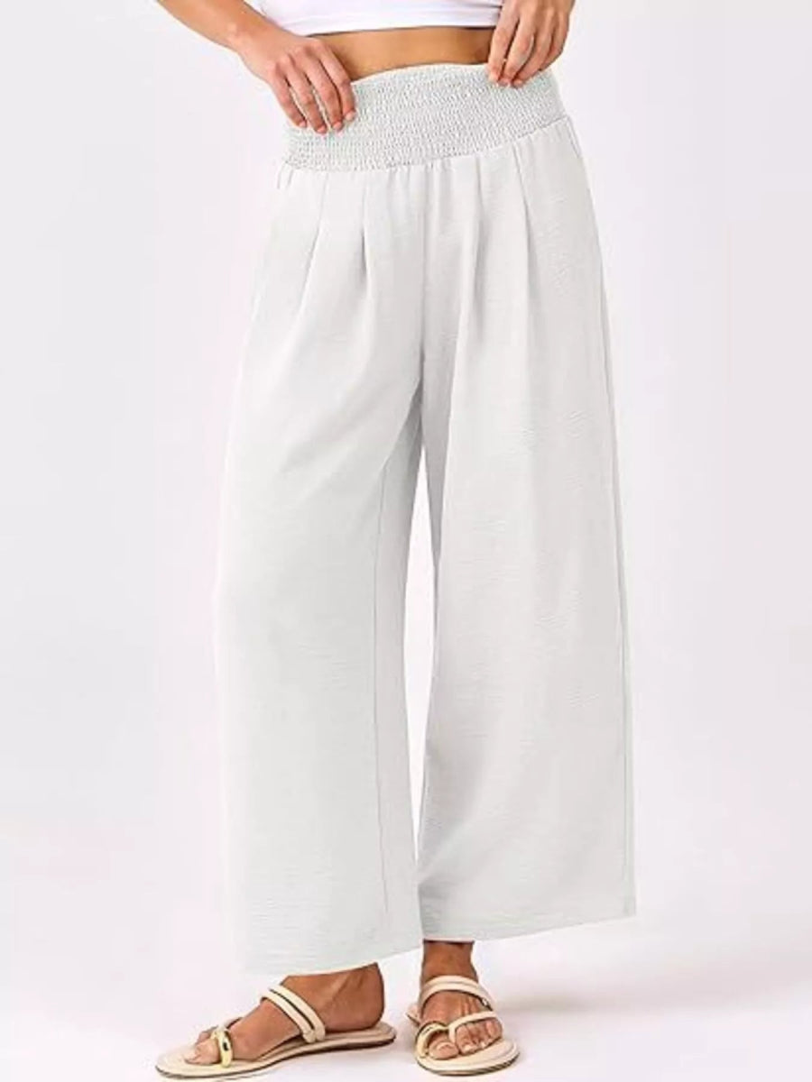 Wide Leg Smocked High Waist Pants - CELIVINE