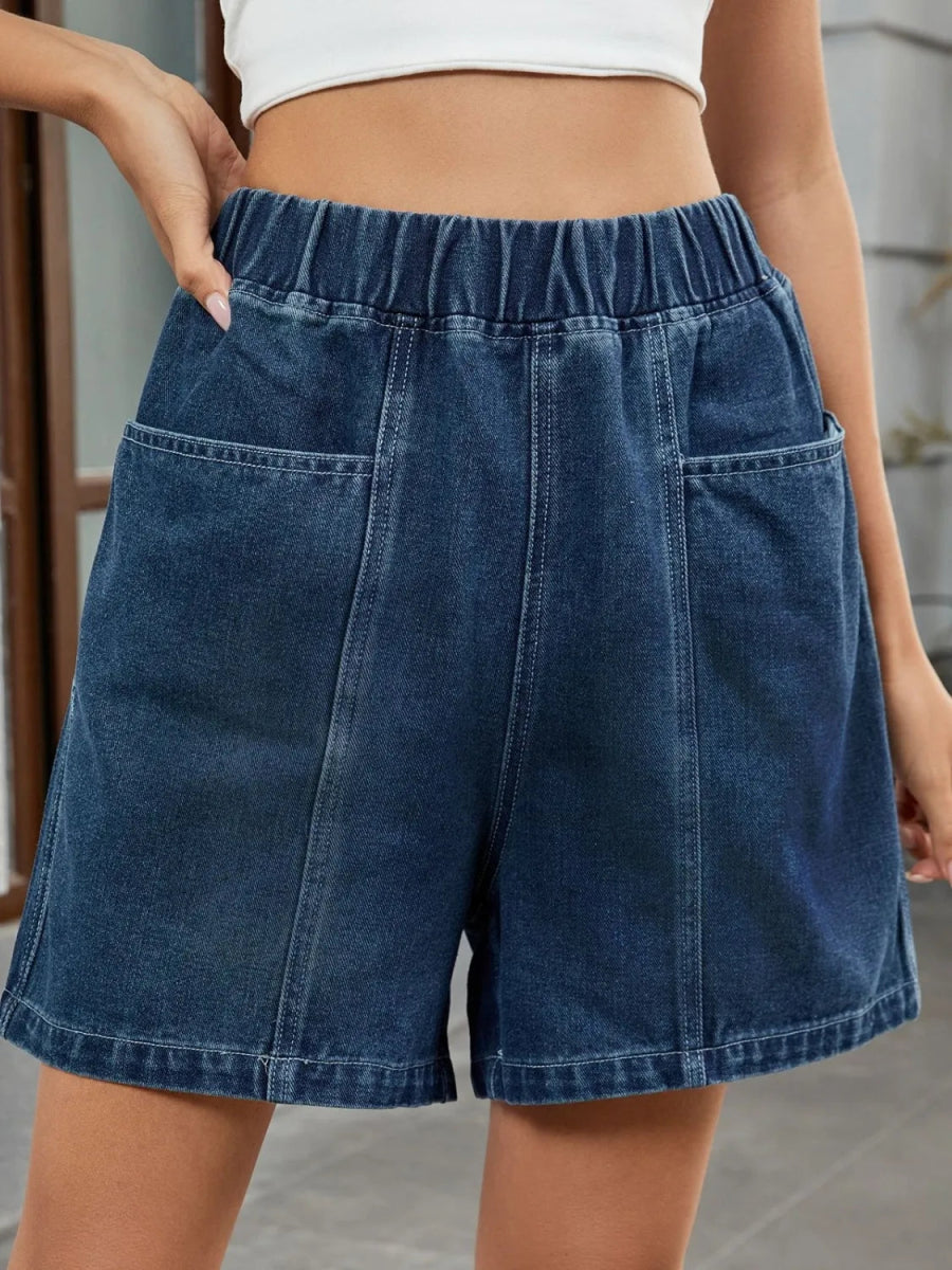 Elastic Waist Denim Shorts - CELIVINE